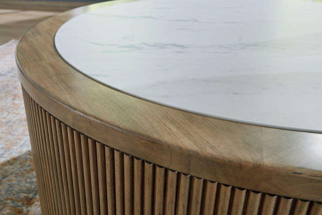 Camdill - Round Cocktail Table - Light Brown / White