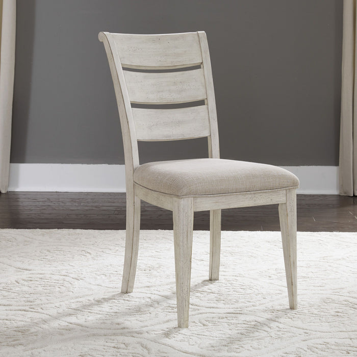 Farmhouse Reimagined - Ladder Back Upholstered Side Chair - Antique White / Chestnut Tops