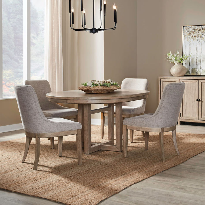 Proximity Place - 5 Piece Pedestal Table Set (Upholstered Side Chairs) - Barley Buff