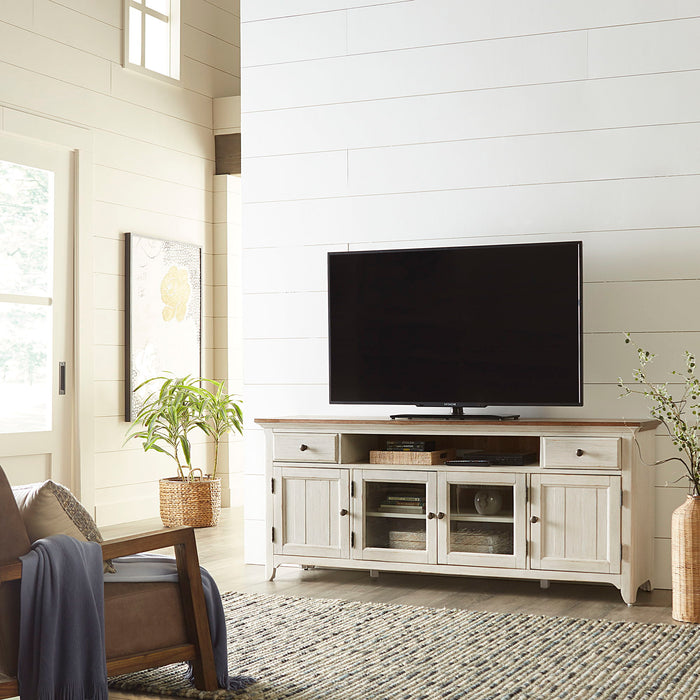 Farmhouse Reimagined - Entertainment 72" TV Stand - Antique White / Chestnut Tops